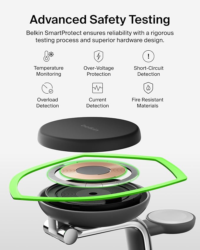 Belkin MagSafe Charger Compatible 3-in-1 Charging Station Qi2.2 25W w/Cooling Fan (On/Off Control) Magnetic Wireless Charger for iPhone 17 Apple Watch AirPods Pixel 10 (45W Adapter Included)