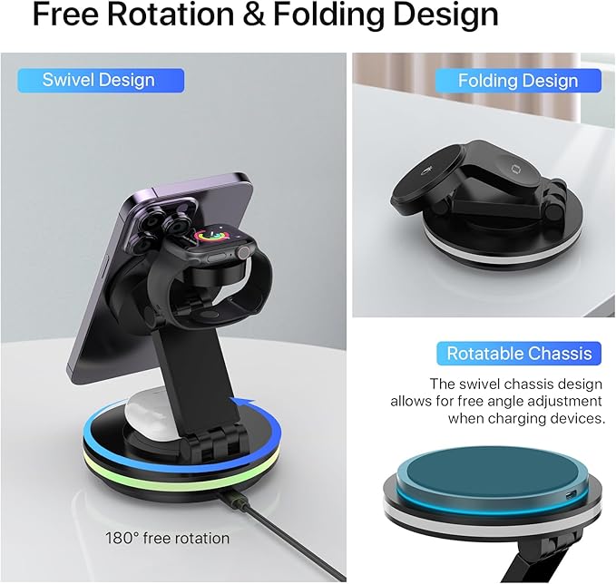 Foldable 3 in 1 Charging Station for iPhone Wireless Charger Stand with Magnetic Charging Station for iPhone 16 15 14 13 12 11 X Pro Max Watch AirPods Pro 3 2（B）
