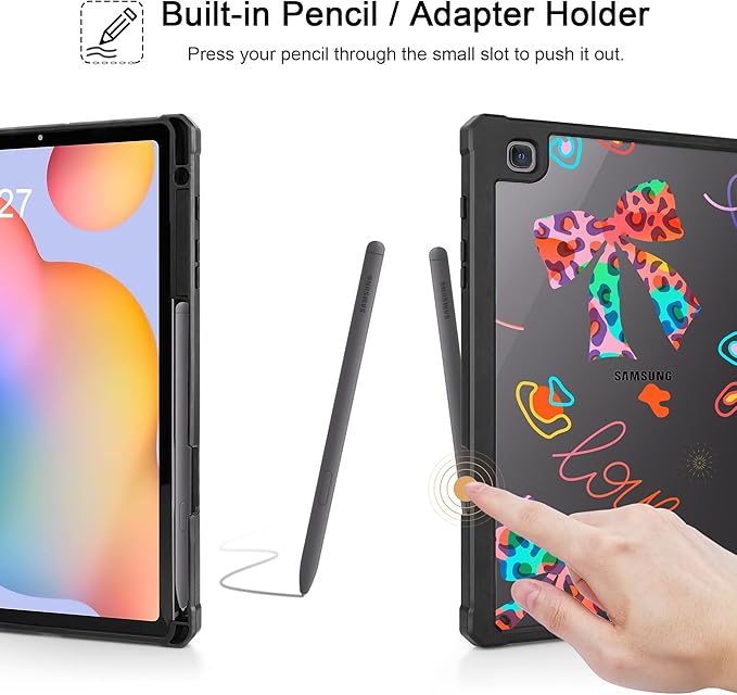 Mektron Case for Samsung Galaxy Tab S6 Lite 10.4 Inch 2024/2022/2020 with S Pen Holder Multi-Angle Viewing with Shockproof Cover Clear Shell + Trifold Stand + Auto Wake/Sleep Neon Bows-Black