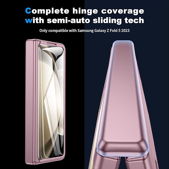 Phone Case for Samsung Z-Fold-5: [Hidden Kickstand][Wireless Charging] Slim Hinge Protection Lightweight Stand Case with Screen Protector- Protective Cover for Galaxy Fold 5 5G 2023 (Rose Gold)