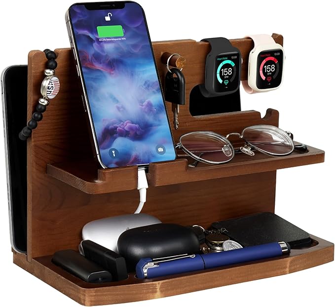 Gifts for Men Desk or Nightstand Organizer - Wood Phone Docking Station - Birthday Gifts for Husband Fathers Day for Dad - Anniversary Idea from Wife - Key Holder Stand Wallet Watch &amp Essential