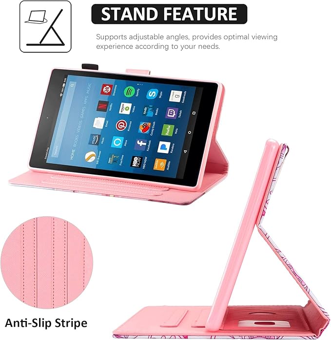 Dteck for Fire HD 8 (8th/7th/6th Generation) Smart Folio Case 2018/2017/2016 Release (8) with Auto Sleep Wake/Stand/Card Slots/Stylus PU Leather Protective Cute Slim Magnetic Cover Pink Mandala