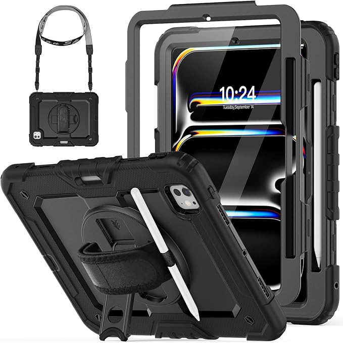 HXCASEAC for iPad Pro 11 Inch Case (M5/M4) 2025/2024 Shockproof Design with Pencil Holder Protector Rotating Stand Hand Strap Heavy Duty Protective iPad Pro11 6th/5th Generation Cover Black