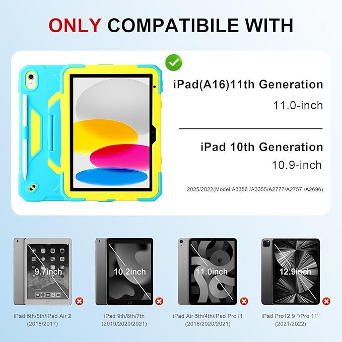 Case for iPad 11th (A16) 11 2025 iPad 10th Generation 10.9 2022Military Grade Shockproof iPad Case Built-in 360° Rotating Stand/Pen Slot/Shoulder Strap for iPad 11th Gen/10th Gen (Blue+Yellow)