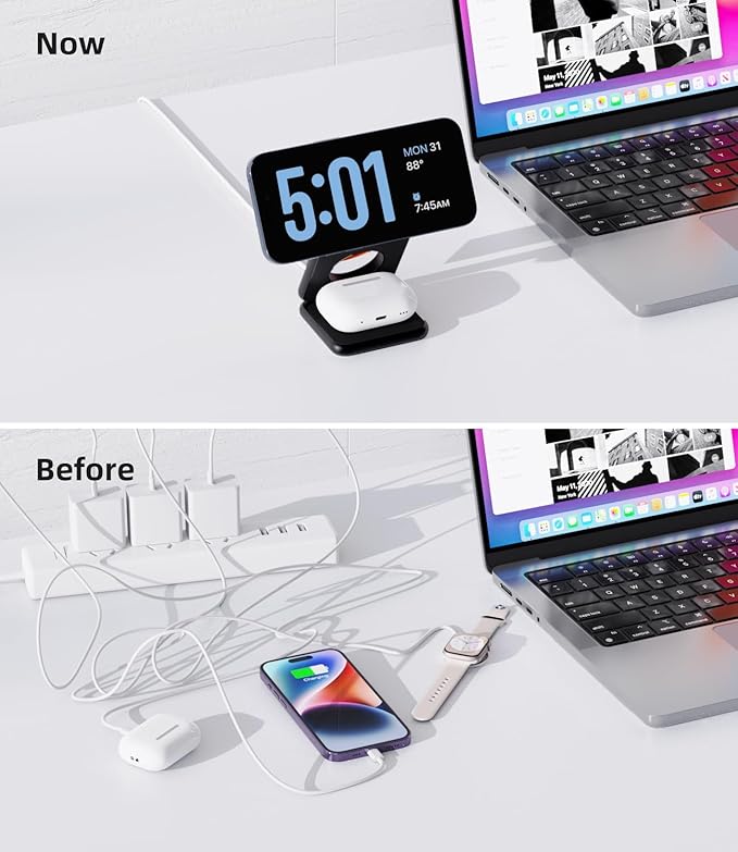 Foldable Magnetic Wireless Charger KU XIU X40 Aluminum Alloy 3 in 1 Charging Station for Apple Fast Mag-Safe Charger Stand for iPhone 16 15 14 13 12 Series 5W for iWatch AirPods 3/2/Pro Black