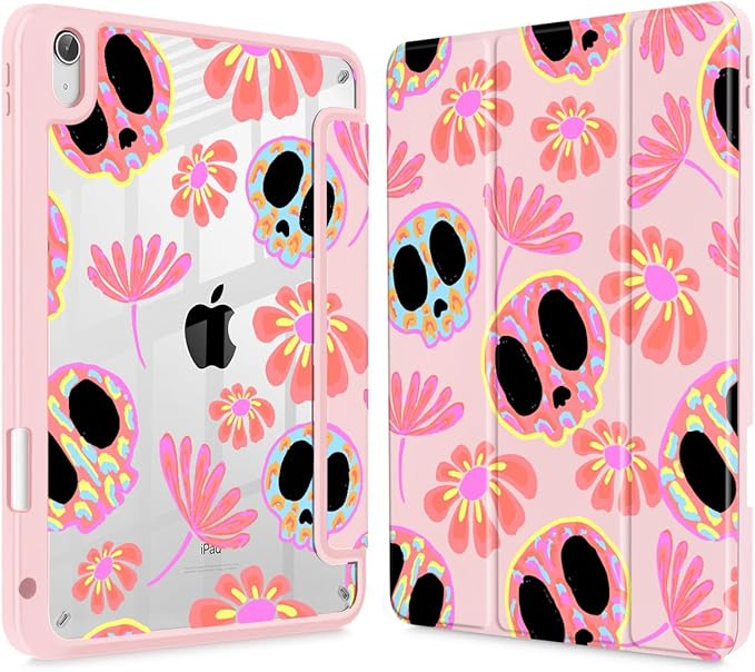 Mektron Case for 2026 iPad Air 13 inch M4 Cover Compatible 2025 iPad Air 13 inch M3 2024 iPad Air 13 inch M2 with Pencil Holder Shockproof Clear Shell Skull &amp Flowers Pink