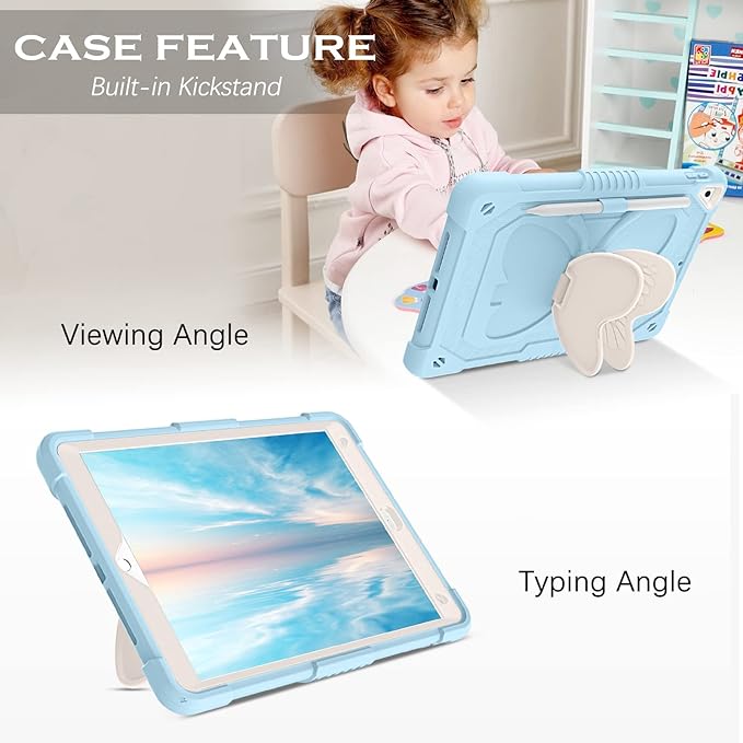 YINLAI Case for iPad 9th 8th 7th Generation 10.2 Inch iPad air 3rd Case with Pencil Holder Butterfly Kickstand Kid Girl Shockproof Protective Cover for iPad 9 8 7 Gen 2021/2020/2019 Blue