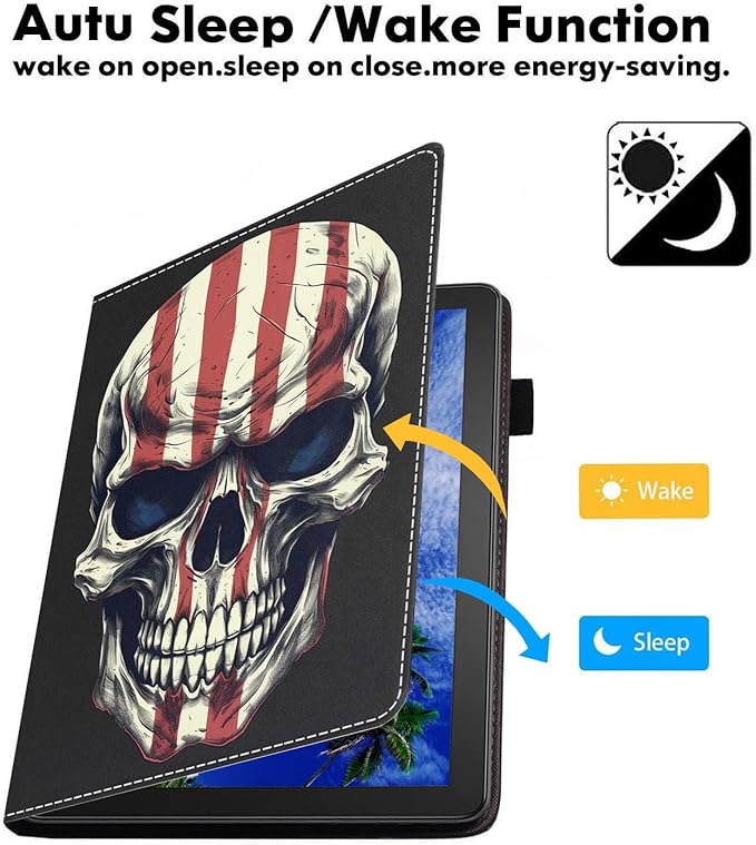 Case for Amazon Kindle Fire 7 Tablet (7 9th/7th Generation 2019/2017 Release) Slim PU Leather Cover with Card Slot &amp Auto Wake/Sleep American Flag Skull