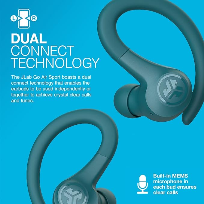 JLab Go Air Sport Wireless Workout Earbuds Teal Featuring C3 Clear Calling Secure Earhook Sport Design 32+ Hour Bluetooth Playtime and 3 EQ Sound Settings