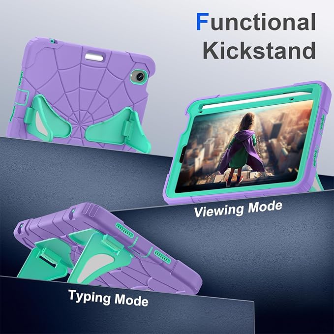 Kids Case for iPad mini 7 A17 Pro 2024/ Mini 6 8.3 inch Spider Case for iPad mini 7th 6th Generation Shockproof Durable Full Protective Cover with Pencil Holder Kickstand (Purple)