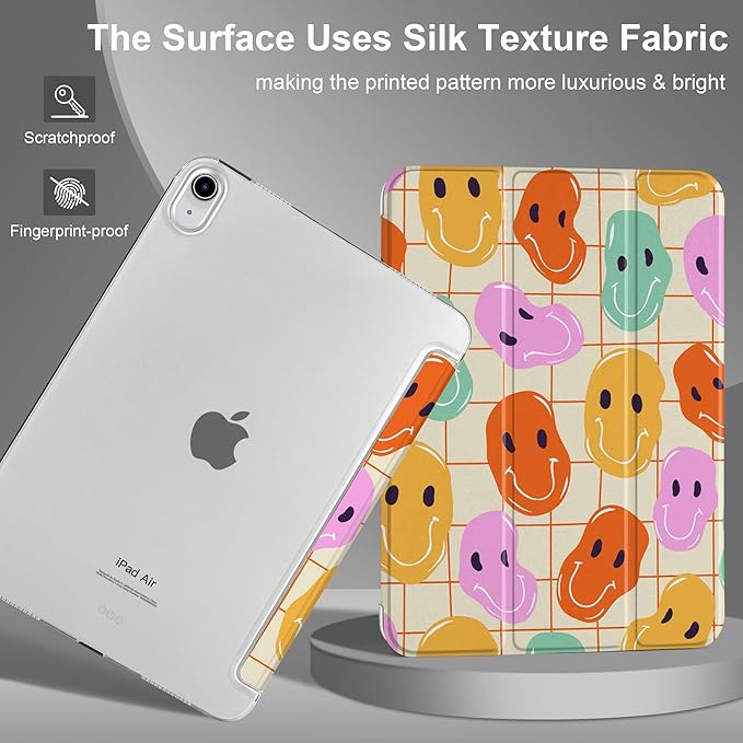 MEEgoodo for M4/M3/M2 iPad Air 11 inch Case 2026 2025 2024Case for iPad Air 5th/4th Generation 10.9 inch 2022 2020 Tablet Cover with Silk Texture &amp PC Clear Back Cover Distoted Smiling Faces