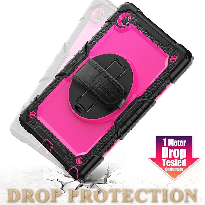 SEYMAC stock Case for Samsung Galaxy Tab A9 8.7'' Full-Body Drop Protection Case with Screen Protector Pencil Holder [360° Rotating Hand Strap] &ampStand Pink+Black