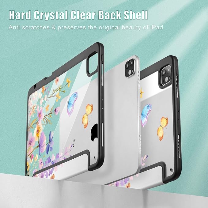 Tuiklol for iPad Pro 11 Inch Case M2 2022 Generation 4th -Built-in Pencil Holder Shockproof Cover Clear Transparent Back Shell Fit for iPad 11’’ 2021 2020 2018 Gen 3rd/2nd/1st for Kid Purple Flower