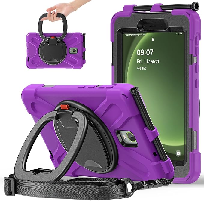 Rugged Case for Samsung Galaxy Tab Active5 5G (SM-X306B/X300) w/ 360° Rotating Hanging Ring Handle Grip Kickstand Heavy Duty Shock-Proof Armor Cover w/Shoulder Strap Stylus Holder (Purple)