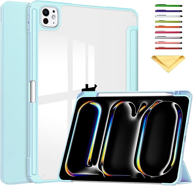 Folio Stand Case for iPad Pro 13 inch M4 (2024) with Clear Transparent Back &amp Soft TPU Shockproof Frame Cover [Pencil Holder] [Auto Sleep/Wake] Smart Lightweight Trifold Shell Sky Blue