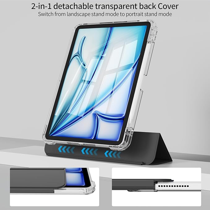 Case for iPad Air 11 inch M4/M3/M2 (2026/2025/2024) &amp iPad Air 5/4th Generation (2022/2020) 10.9 inch 2-in-1 Removable Hard PC Transparent Back with Pencil Holder Auto Sleep/Wake Black