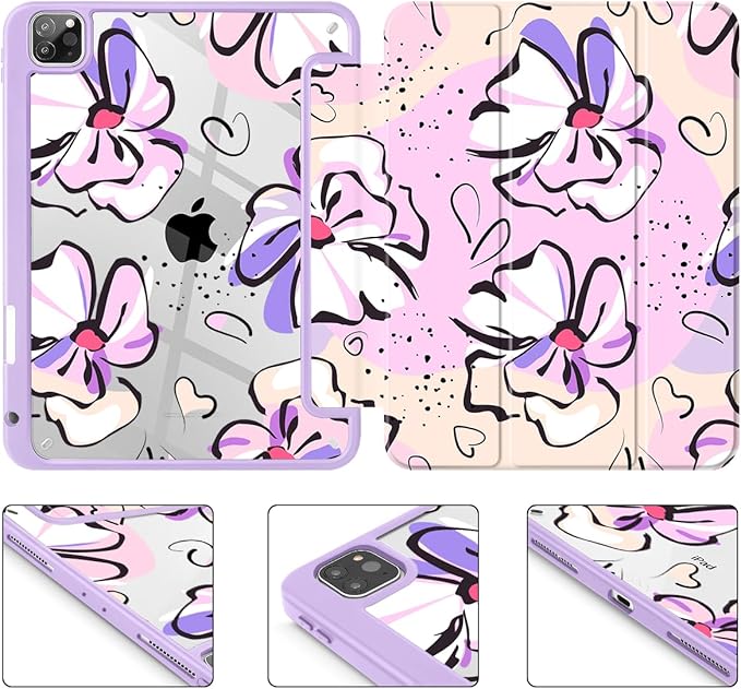 Mektron Case for iPad Pro 11 inch (4th 3rd 2nd &amp 1st Gen) 2022 2021 2020 2018 Buit in Pencil Holder with Shockproof Cover Clear Shell + Auto Wake/Sleep Pink Flowers