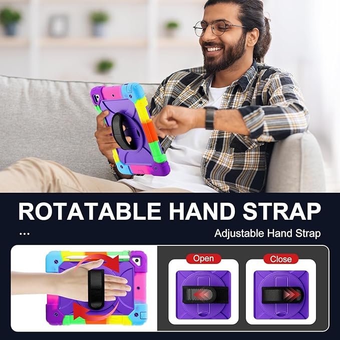 for iPad 6th Generation/iPad 5th Gen/iPad Air 2/iPad Pro 9.7 Case with Cute Key Chain Rugged Protective Case with Rotating Stand &amp Shoulder Hand Strap for iPad 6th/5th/ Air 2 (Rainbow Purple)