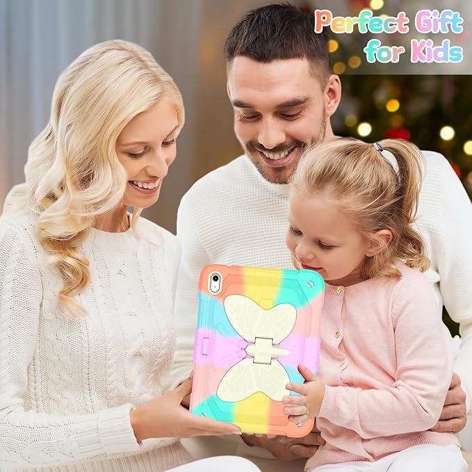 Case for iPad (A16) 11th/10th Generation (2025/2022) 11/10.9 for Kids Girls with 9H Tempered Glass Screen Protector Butterfly Stand Carrying Strap Shockproof - Colorful