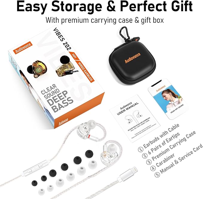 Vibes 202ML Wired Earbuds - HiFi in Ear Headphones for iPhone 5–14 Noise Isolating Ear Buds w/ Mic - Clear Sound Deep Bass Comfort-Fit Earphones - MMCX–LTN Silver Plated Cord Carrying Case