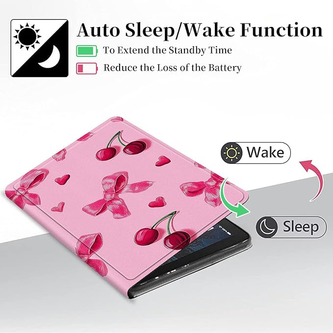for Fire Hd 10 Tablet Case 13th/11th Generation 2023/2021 ReleaseHybrid Slim Multi-Angles Stand Cover for Kindle Fire HD 10 Plus 13th GenAuto Wake/Sleep-Pink Bows Cherries