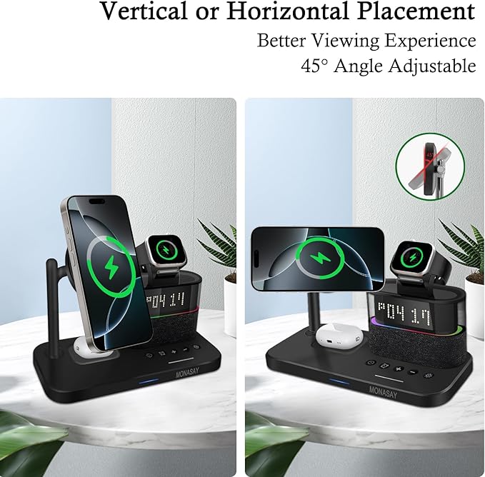 MONASAY Qi2 5 in 1 Wireless Charging Station 23W Wireless Charger with Alarm Clock for Multiple Devices Magnetic Charger Stand for iPhone 17/16/15/14/13 Series and AirPods Apple Watch Series Black