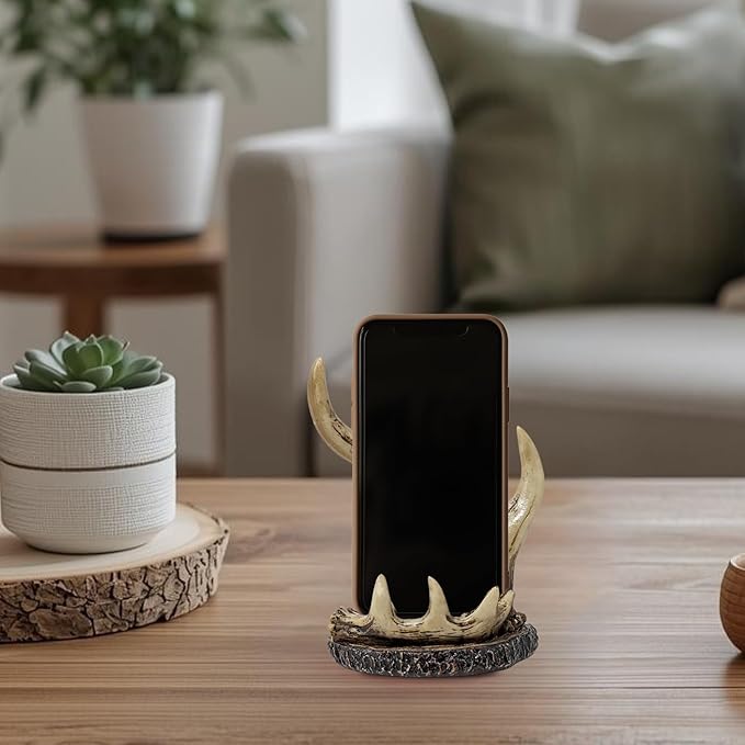 Faux Antler Cell Phone Stand – Deer Antler Resin Holder for Smartphones – Rustic Phone Stand for Bedside Office or Kitchen Counter–Lodge Cabin Rustic Décor Unique Gift for Hunters &amp Nature Lo