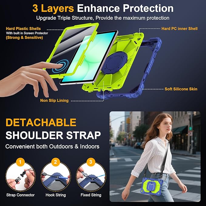 Case for Samsung Galaxy Tab A11+ Plus/A9+ 11 Inch 2025/2023Ubearkk Case for Samsung Galaxy A9 Plus/A11+ Tablet case with Screen Protector 360 Rotating Stand Shoulder Strap Pen Holder Navy Green