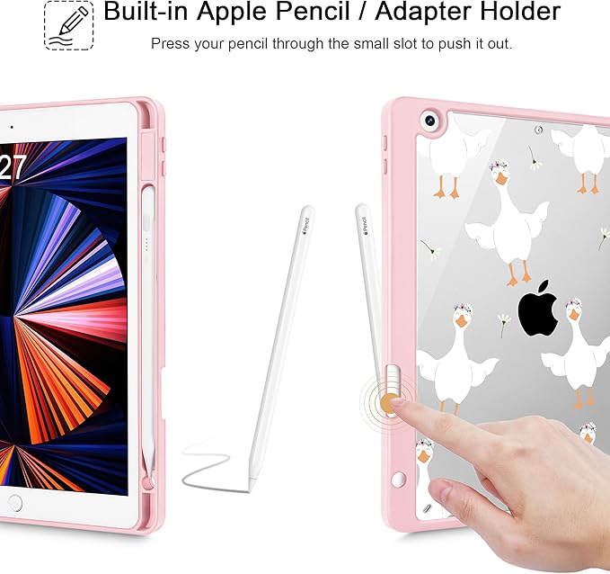 May Chen for iPad 9th Generation with Pencil Holder iPad 8th/7th Gen Case 10.2-inch [Penceil Holder] Trifold Stand Auto Wake/Sleep Clear TPU Protection Back Cover Goose Flower