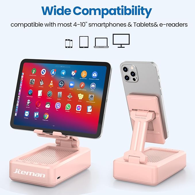 JTEMAN Cell Phone Stand with Bluetooth SpeakerBirthday Gifts for Women and MenKitchen Gadgets for MenCompatible for iPhone/Samsung/Mini iPad - Pink