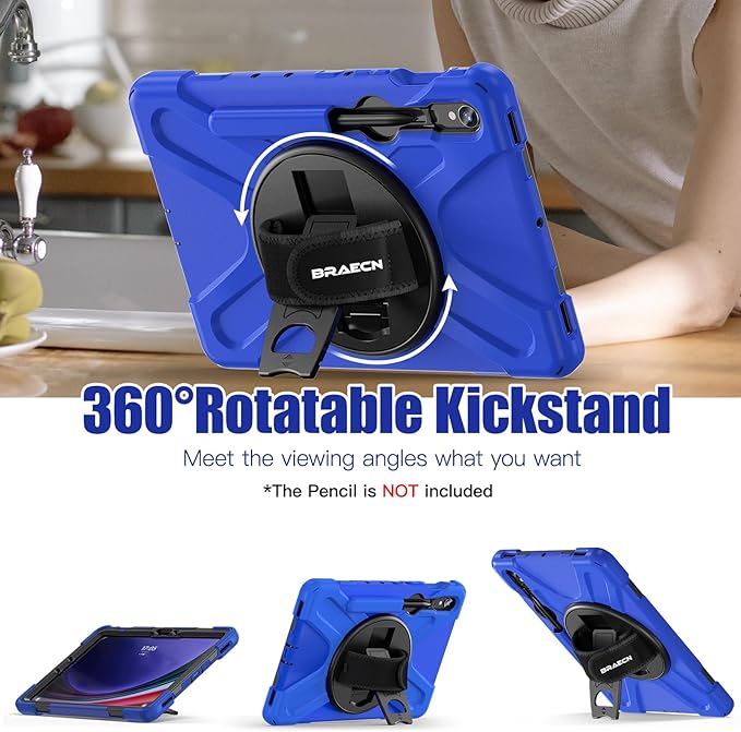 BRAECNstock for Samsung Galaxy Tab S10 Lite/ S10 FE/ S9 FE/ S9/ S8/ S7 5G Case 10.9/ 11 Shockproof Protective Kids Case with Pencil Holder Rotating Hand Strap &amp Stand Shoulder Strap Blue