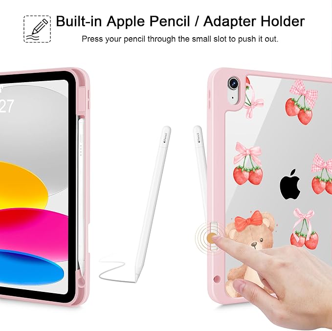 Case for iPad 11 inch A16 2025 Generation 11th / iPad 10.9 inch 2022 10th Gen Buit in Pencil Holder with Shockproof Cover Clear Back Shell Auto Wake/Sleep Teddy Bear &amp Strawberries