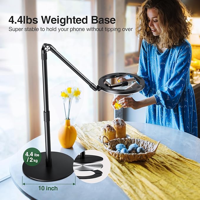 elitehood Overhead Phone Mount with Light for Video Recording Adjustable Desk Ring Light with Stand and Phone Holder Heavy Duty Overhead Camera Mount Tripod for iPhone Cooking Video Filming Meeting