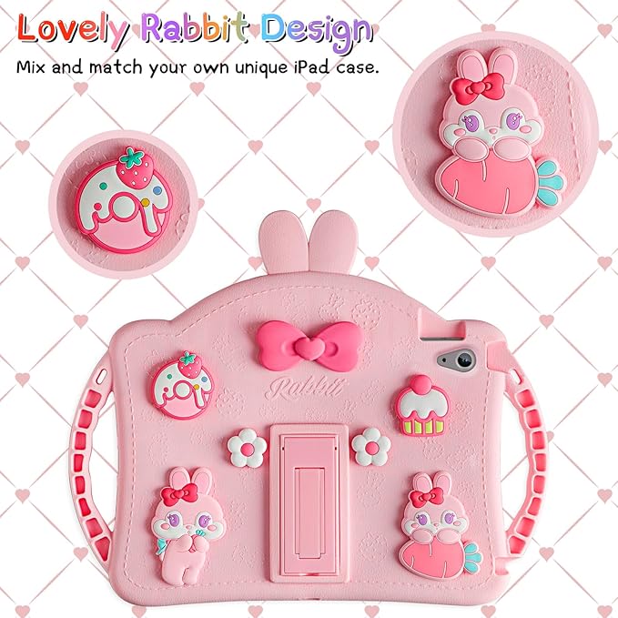 VOFUOE for iPad 10th Generation Case 10.9 Inch 2022 Kids Girls for iPad A16 Case 11th Generation 2025 with Screen Protector Shoulder Straps Handle Cute Rabbit Soft Silicone Tablet Cover-Pink