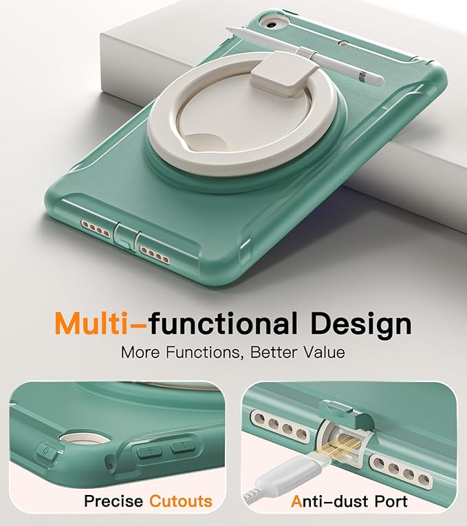 BATYUE Shockproof Case for iPad mini 4/5 (2015/2019) - 360° Multi-Angle Stand (Portrait &amp Landscape) &amp Grip Pencil Holder (Elastic Loop) Multi-Scene for All Ages Jade Green