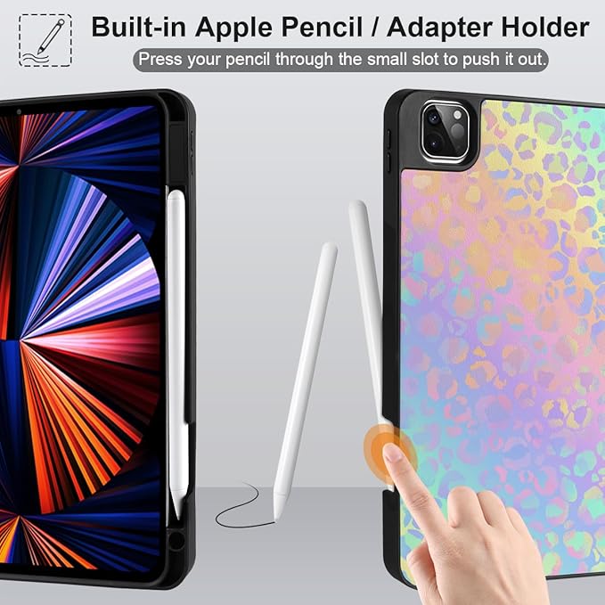 DONGKE Case for 2022/2021/2020/2018 iPad Pro 11 inch Gen 4/3/2/1 - Slim Protective Case - Built in Pencil Holder Support Charging - Trifold Stand &amp Sleep/Wake Cover - Colorful Leopard