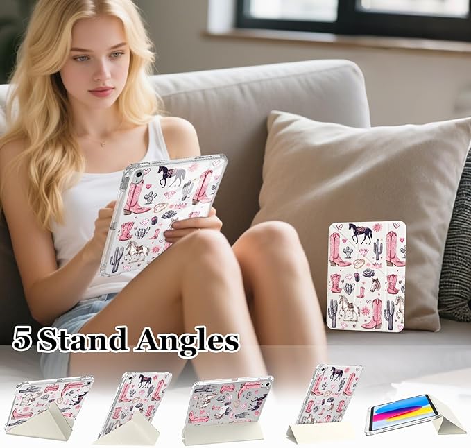 Cute Western Cowgirl for iPad Air 11 Inch Case 7th/6th Generation (M3/M2) 2025/2024 with Pencil Holder Auto Sleep/Wake White Leather Acrylic Back Detachable Cover