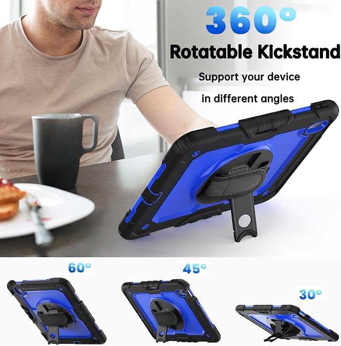 for iPad Air 11-Inch Case M3/M2 (2025/2024) Shockproof Case for iPad Air 7th/6th Generation 11 Inch with Screen Protector/Pencil Holder/Kickstand [Hand &amp Shoulder Strap]Black+Blue