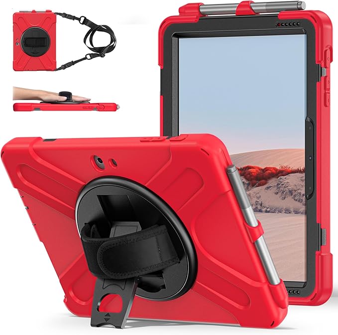 ZenRich Rugged Case for Surface Go 4 (2023)/Surface Go 3 (2021)/ Surface Go 2 (2020) Surface Go (2018) with Pen Holder Heavy Duty Shockproof Case with Stand Hand Strap and Shoulder Belt-Red