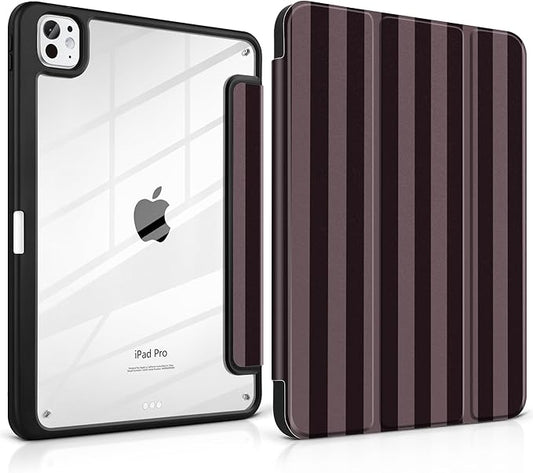 DONGKE for iPad Pro 11-Inch Case (M5 2025 / M4 2024) 6th/5th Generation [Auto Sleep/Wake &amp Pencil Pro Holder] Clear Acrylic Back Smart Trifold Stand Cover Brown Stripes