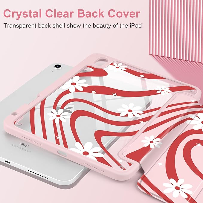 DONGKE Case for iPad (A16) 11th Generation 11 inch 2025 &amp iPad 10th Gen 10.9 inch 2022 [Built-in Pencil Holder] Clear Acrylic Back Trifold Stand Smart Cover Auto Sleep/Wake Swirl &amp Daisy
