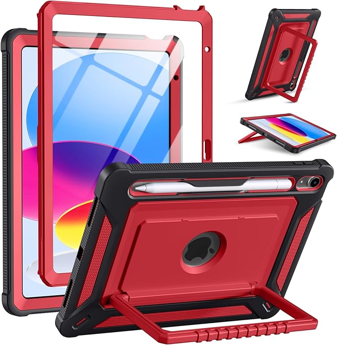 Akkerds for iPad A16 case 11th Generation 11 Inch 2025 - for iPad 10th Generation case 10.9 Inch 2022 with Pencil Holder - Screen Protector and Kickstand - Heavy Duty Rugged Protective Cover - Red