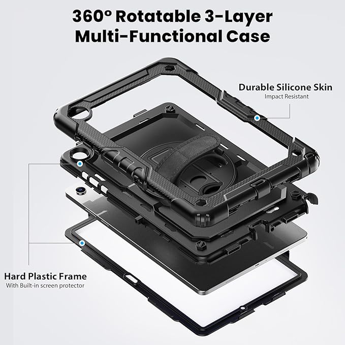 GWYLH Case for Samsung Galaxy Tab A11+ Plus 2025/ A9+ Plus 2023 11 Inch Shockproof Design with Pencil Holder/Screen Protector / 360 Rotating Hand StrapProtective Cover Black