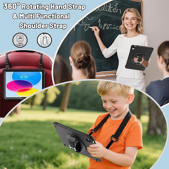 Case for iPad (A16) 11th/10th Generation 11''/10.9'' (2025/2022) with HD Screen Protector Strong Military-Grade Full-Body Shockproof Protection 360° Rotate Hand Strap/Stand Black