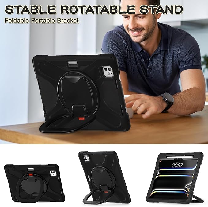 Batianda for New iPad Pro 11-inch Case 2025 M5 2024 M4 Chip Heavy Duty Rugged Durability Silicone Tablet Cover with 360° Rotating Ring Foldable Kickstand &amp Shoulder Strap Black