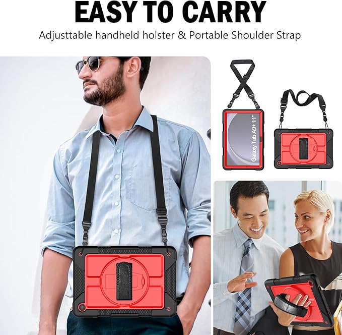 BMOUO for Samsung Galaxy Tab A9+ Plus Case 11 2023 (SM-X210/X216/X218) Shockproof Galaxy Tab A9 Plus Case with Rotating Stand and Hand/Shoulder Strap Red and Black