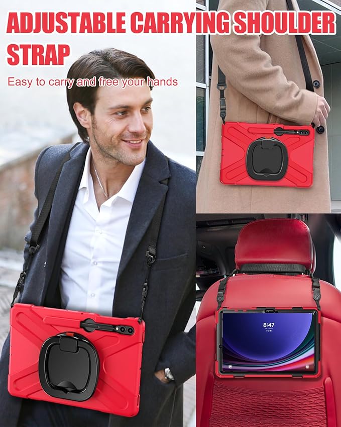 BRAECN Case for Samsung Galaxy Tab S10+/S9 FE+/S9+ 12.4” 2024 SM-X820/X610/X810 Shockproof Silicone Case with Screen Protector/S Pen Holder/Shoulder Strap/Kickstand for Galaxy Tab S8+/S7 FE/S7+Red