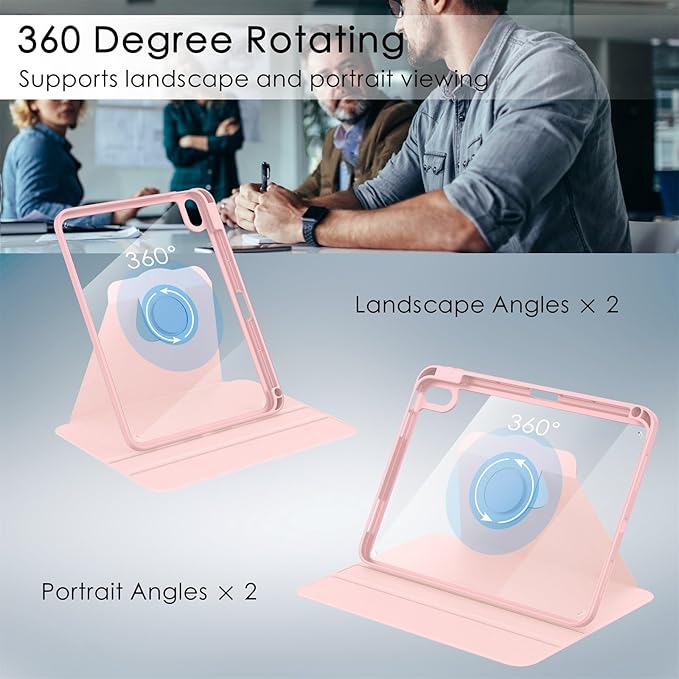Soke Rotating Case for iPad (A16) 11th Generation 2025 iPad 10th Gen 2022 with Pencil Holder [Shockproof + Auto Sleep/Wake] 360 Degree Rotation Clear Back for iPad 11/10.9 - Pink