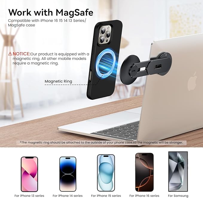 Laptop Phone Holder Magnetic Phone Stand 15W Fast Wireless Charger for MagSafe for iPhone 17/16/15/14/13/12 &amp All Phones for Tesla (Black)