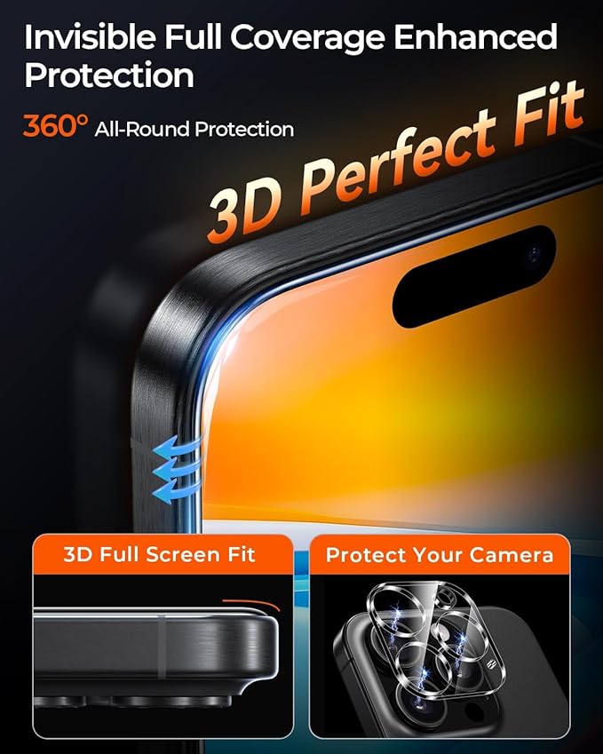 UNBREAK TOP 9H+ Glass 2+2 Packs for iPhone 16 Pro Max Screen Protector 6.9'' with Camera Lens Protector [Zero Bubble Auto-Dust Removal] [10X Military Protection] Tempered Glass Full Edge Coverage